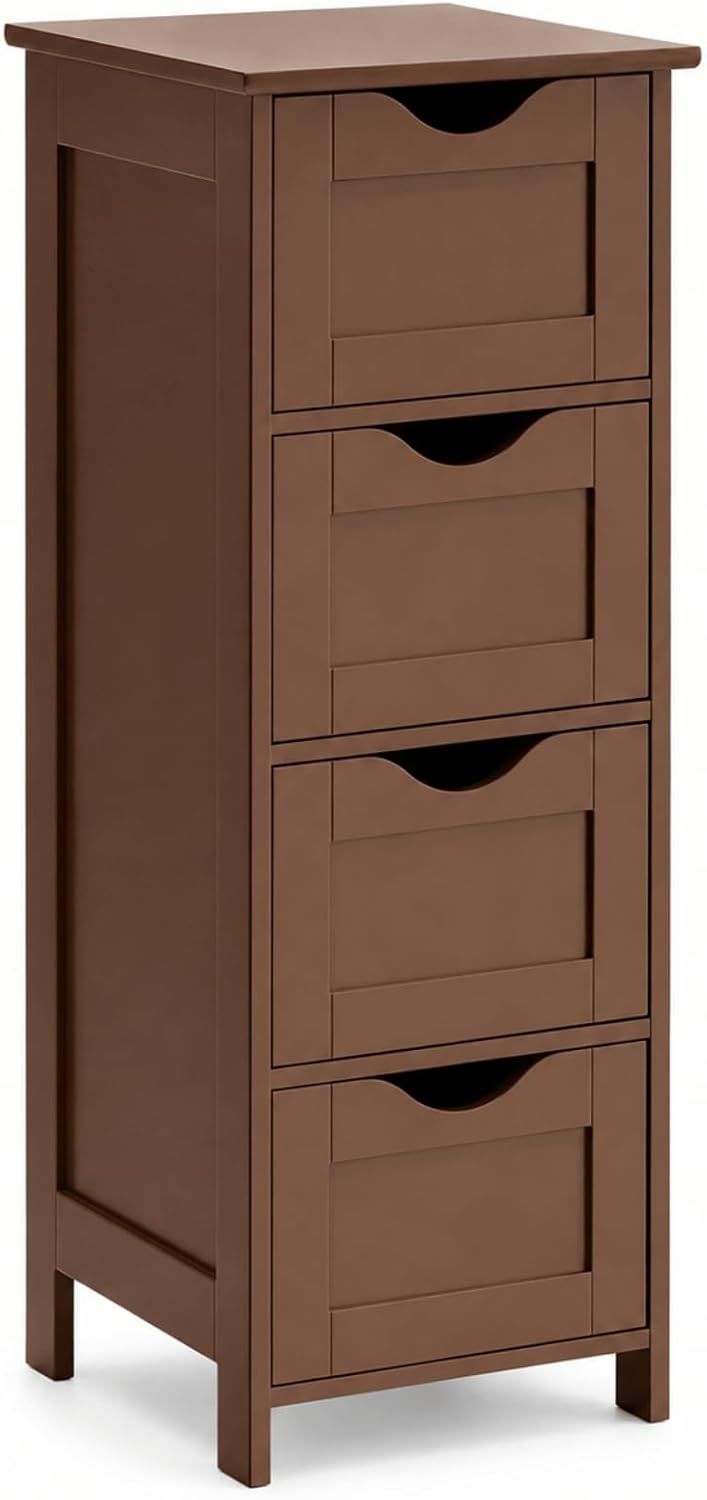 VINGLI 4-Drawer Bathroom Storage Cabinet, Slim Freestanding Floor Cabinet Organizer, 11.8" W x 11.8" D x 32.1" H, Narrow Linen Cabinet for Toiletries, Towels, Toilet Paper, Walnut Brown