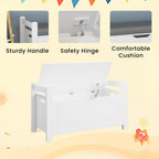 Kids Toy Storage Box with Cushion Seat & Flip-Top Lid – White Wooden Toy Chest with Safety Hinge, Large Organizer Trunk for Nursery, Playroom & Bedroom
