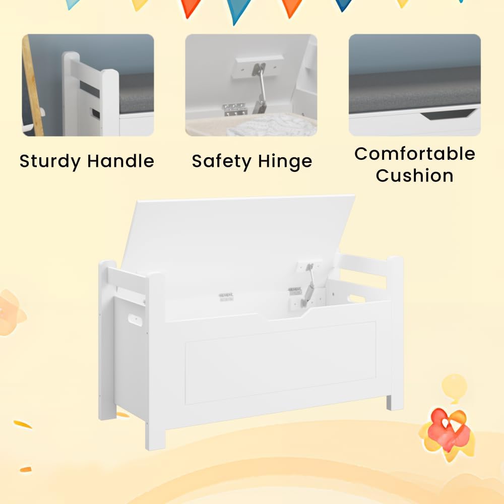 Kids Toy Storage Box with Cushion Seat & Flip-Top Lid – White Wooden Toy Chest with Safety Hinge, Large Organizer Trunk for Nursery, Playroom & Bedroom