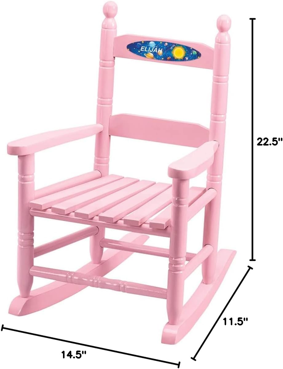 Fox Valley Traders Custom Space-Themed Children's Rocking Chair, Durable Wood - Measures 14 1/2" Wide x 11 1/2" Deep; 22 1/2" Overall Height, Pink Font