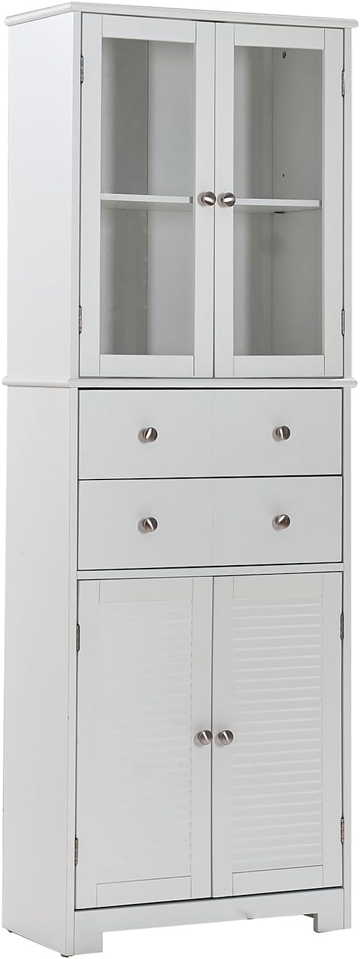 67in H Kitchen Pantry Cabinet with Glass Doors and Drawers, Kitchen Hutch Cabinet Storage Cabinet Large Food Cupboard Storage Cabinet Sideboard for Snacks, Spices & Wine, White