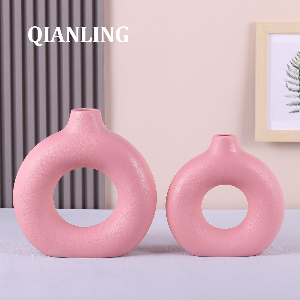 Pink Ceramic Vase Set of 2-2 Round Donut Vase, Modern Pink Vases for Centerpieces, Flower Vase for Decor, Apply to Living Room, Kitchen, Mantle, Bedroom, Dining Table, Office, Farmhouse