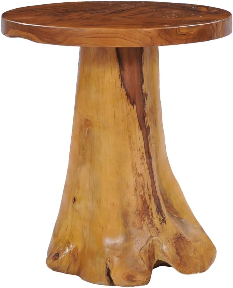 Solid Teak Wood Coffee Table, 15.7-Inch Round Rustic End Table, Handcrafted Root Base Side Table for Living Room, Brown Minimalist Accent Furniture