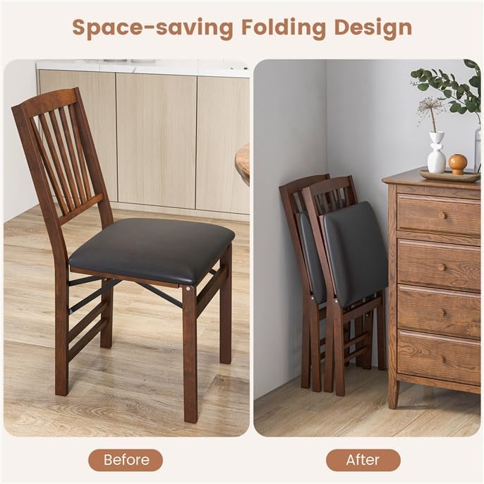 ERGOMASTER Folding Dining Chairs, Foldable Chairs with Padded Seat for Kitchen/Dining/Living Room, Rubber Wood, Slat Back, 4 Pack