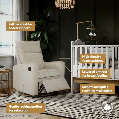 Arya Modern Nursery Glider Recliner Chair – Cozy Nursing Chair with 360° Swivel for New Parents, Gentle Motion, Compact Design, High Back & Low Armrests, Canadian Made (Heather Grey/ARLO Fabric)