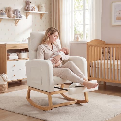AVAWING Nursery Rocking Chair with Footrest,Upholstered, Side Pocket,Beige