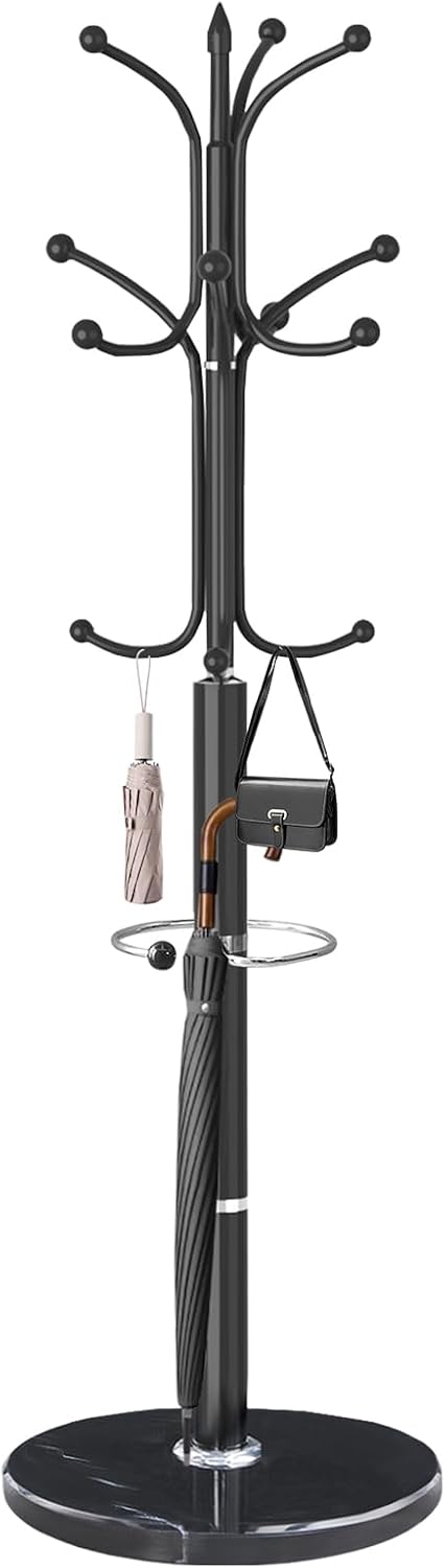 Metal Coat Rack with Natural Marble Base, Coat Rack Stand with 12 Hooks & Umbrella Holder, Black Modern Freestanging Coat Racks, Coat Jacket Hanger Tree Stand for Corner Entryway Office