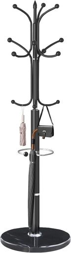 Metal Coat Rack with Natural Marble Base, Coat Rack Stand with 12 Hooks & Umbrella Holder, Black Modern Freestanging Coat Racks, Coat Jacket Hanger Tree Stand for Corner Entryway Office