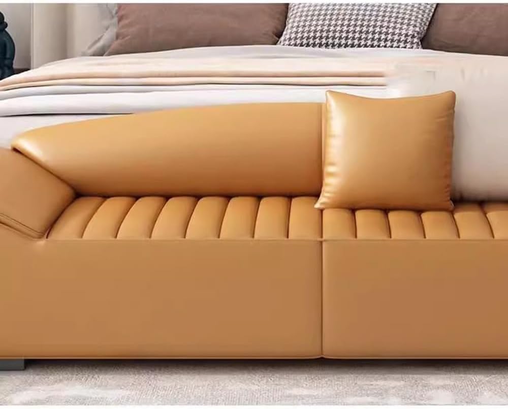 Modern Bed End Stool for Bedroom Living Room Bedside Long Bench Cloakroom Sofa Minimalist Couch Entryway(White+Orange,Small)