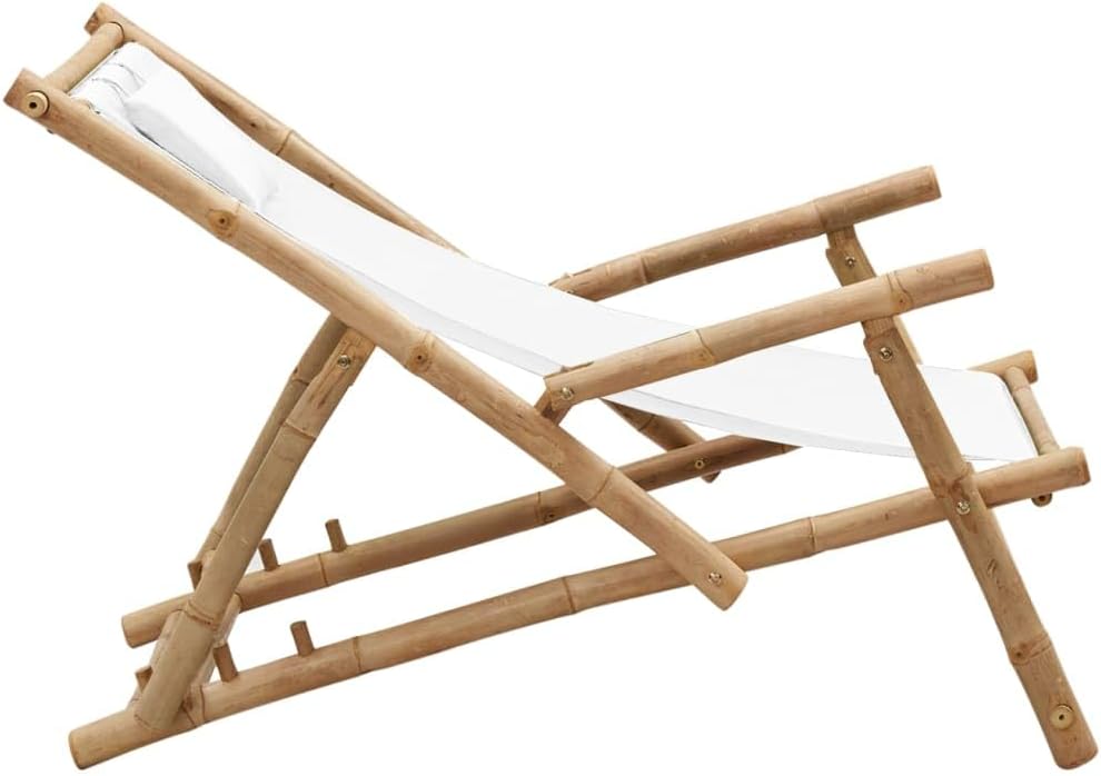 Bamboo and Canvas Deck Chair, Folding Lounge Chair for Outdoor Patio Garden and Balcony, Adjustable Reclining Sling Chair with Cream White Fabric, Durable Frame for Sun Lounging