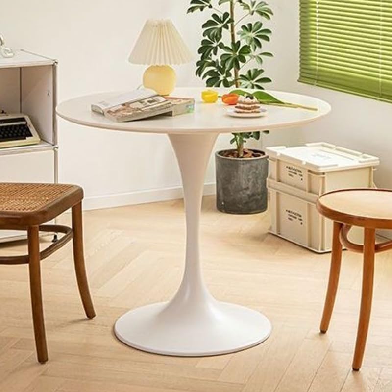 Round Dining Table, 24" Circle Pedestal Table with Thickened Tabletop & Metal Pedestal, Mid-Century Modern Coffee Table for Living Room, Kitchen, Small Places, White