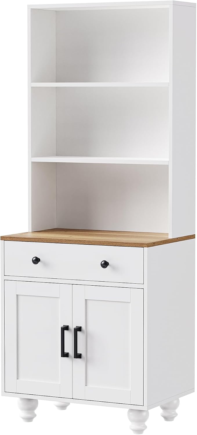 Modern Kitchen Pantry, Storage Cabinet with 4 Solid Wood Gourd-Shaped Legs, Adjustable Shelves, 5-Tier Bookshelf, Drawer, for Dining Room, Easy to Clean