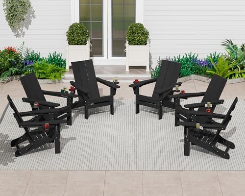 SERWALL Double Cups Adirondack Chair Set of 4, Folding Modern Adirondack Chairs, HDPE Outdoor Adirondack Chair for Patio, Black