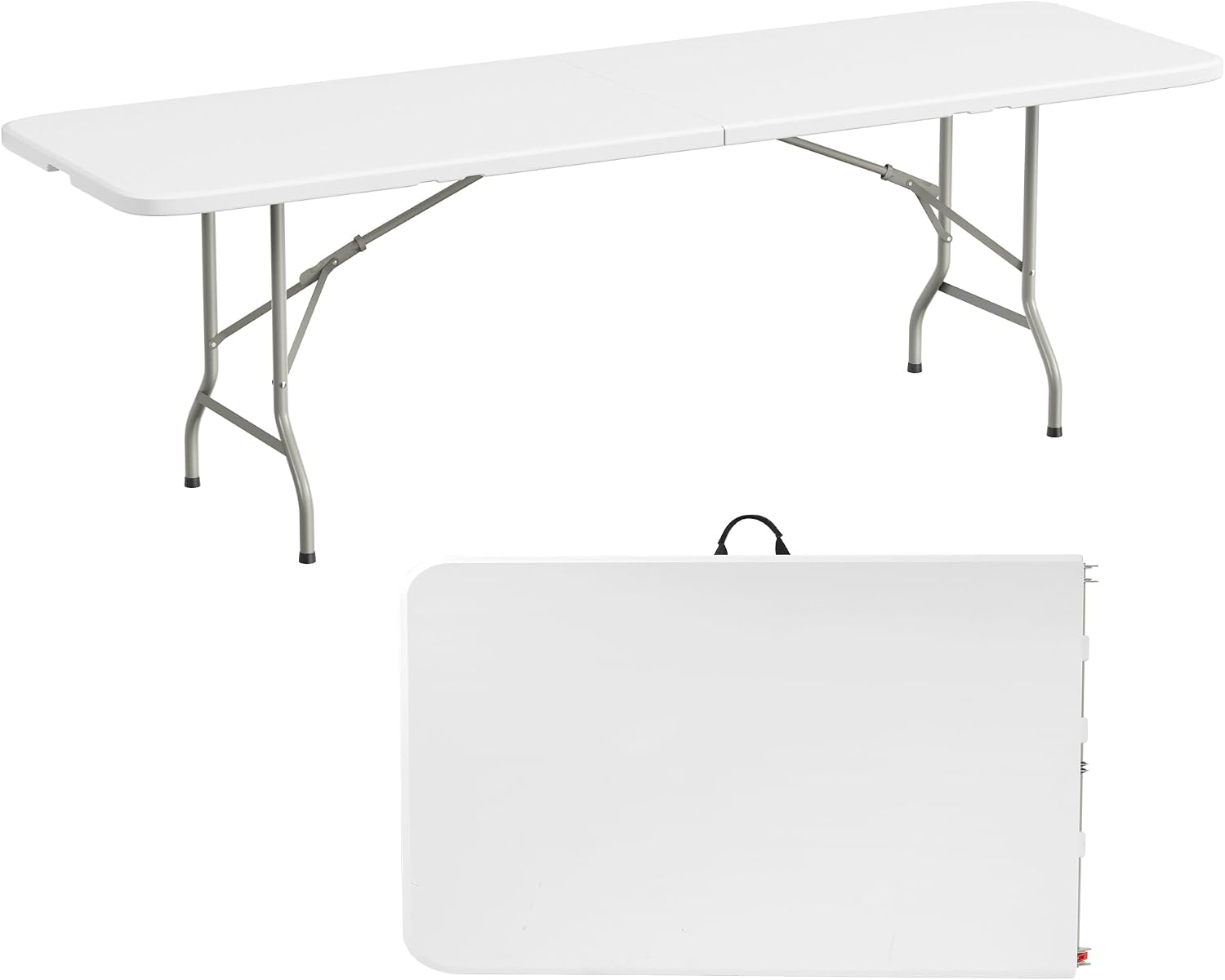 Simple Deluxe Foldable Table - Heavy Duty Portable Plastic Top & Steel Legs, Built-in Handle for Indoor Outdoor Party, Camping, Adjustable Height (22"/30"/36"), White 8FT