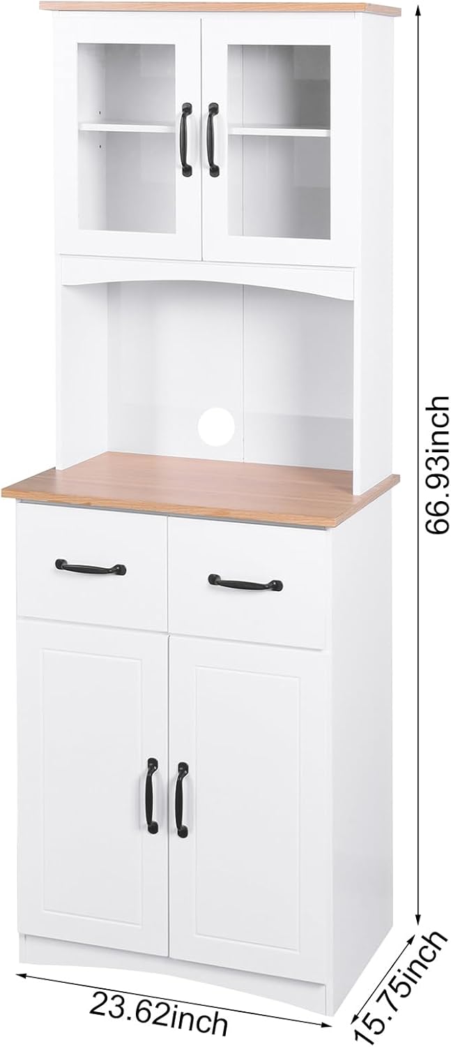 Kitchen Pantry Cabinet with Glass Doors, 66.93" Tall Kitchen Hutch Bar Cabinet with Microwave Stand Farmhouse Wood Storage Cabinet with 2 Drawers and Shelves Cupboard for Dining Room, 66.93" H