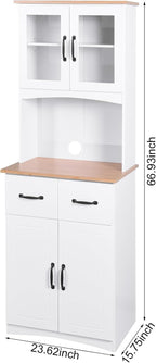 Kitchen Pantry Cabinet with Glass Doors, 66.93" Tall Kitchen Hutch Bar Cabinet with Microwave Stand Farmhouse Wood Storage Cabinet with 2 Drawers and Shelves Cupboard for Dining Room, 66.93" H