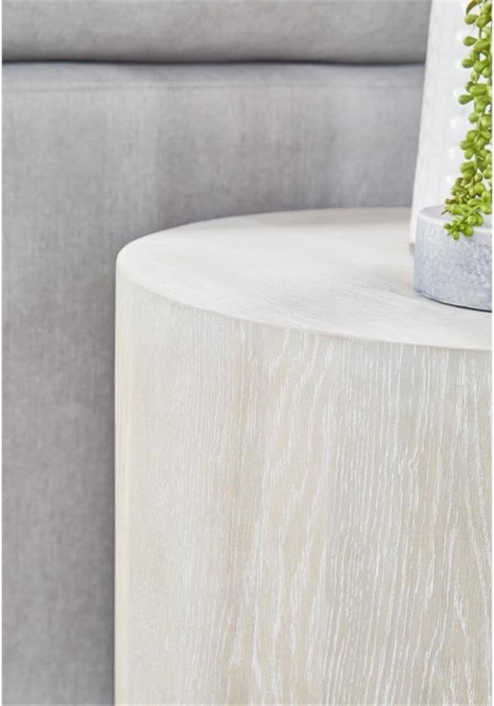 Pemberly Row Round Oak Veneer End Table, 22 in Diameter, Natural Gray Finish, Brushed Silver Metal Base, Diamond Pattern Top, Sleek Contemporary Design, Living Room Furniture