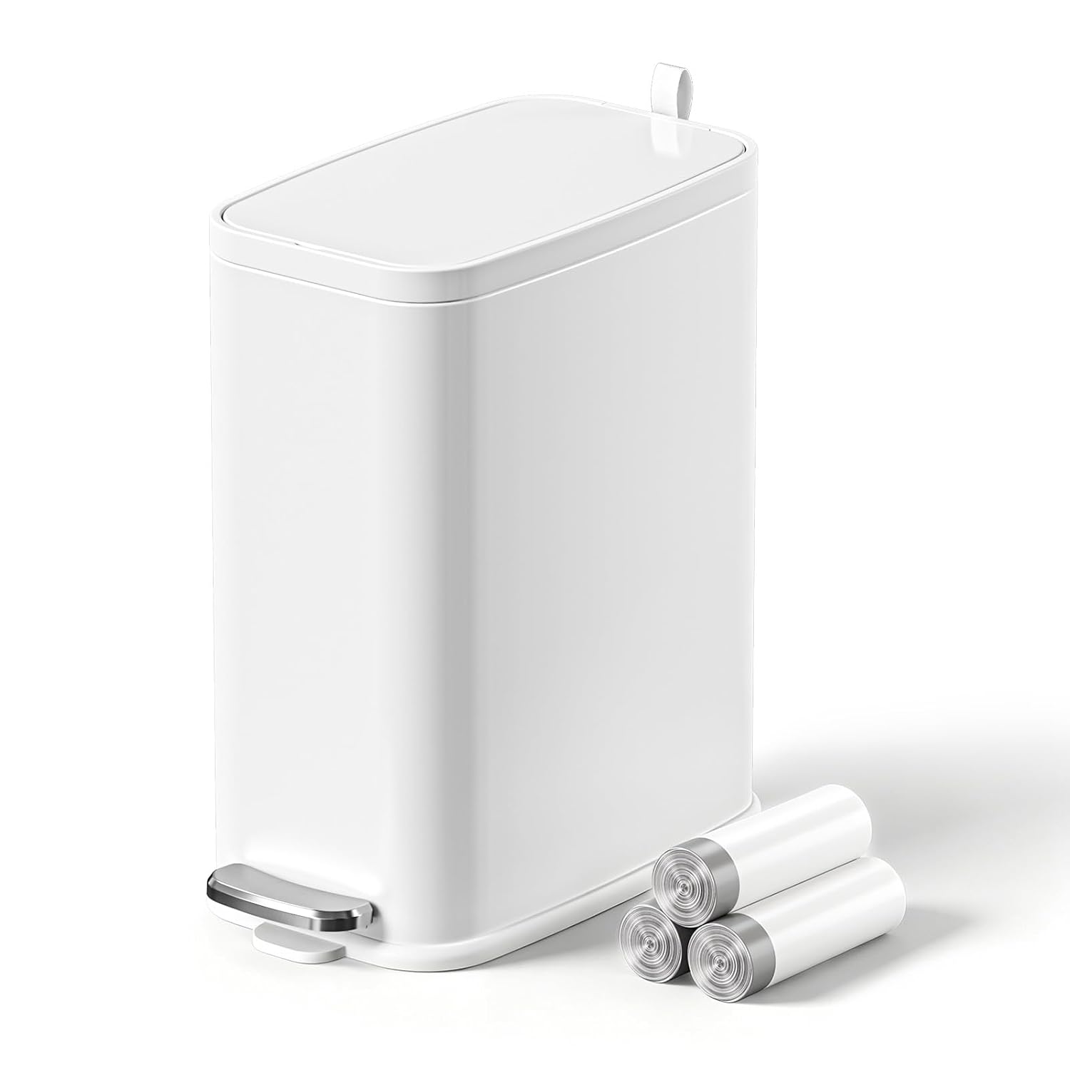 Small Bathroom Trash Can with Lid Soft Close, Step Pedal, 1.6 Gallon White Stainless Steel Slim Garbage Can with Removable Inner Bucket, Includes 60 Trash Bags for Home Bedroom