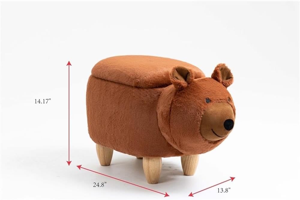 Pemberly Row Modern Fabric Bear Storage Ottoman, Soft Fur-Like Fabric, Brown/Natural Finish, Solid Wood Legs, Hidden Storage, 14.17" H x 13.8" W x 24.8" D, Living Room, Kids' Room, Playroom Accent