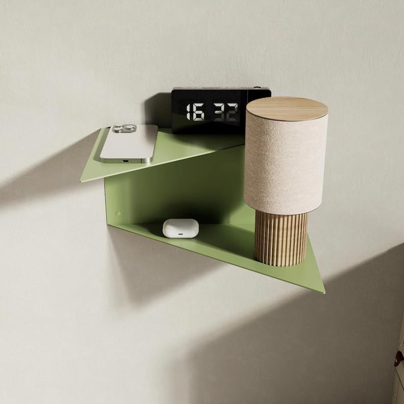 Modern Geometric Triangle Floating Shelf, Wall Mounted Sage Green Metal & Wood Storage Shelf for Bedroom Living Room, Small Items, Phone, Clock, Speaker
