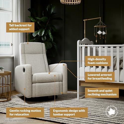 Jaymar Nelly Modern Nursery Glider Recliner Chair – Cozy Nursing Chair with 360° Swivel for New Parents, Gentle Motion, Compact Design, Lumbar Support – Made in Canada (Vanilla/Beyond Sheep Fabric)