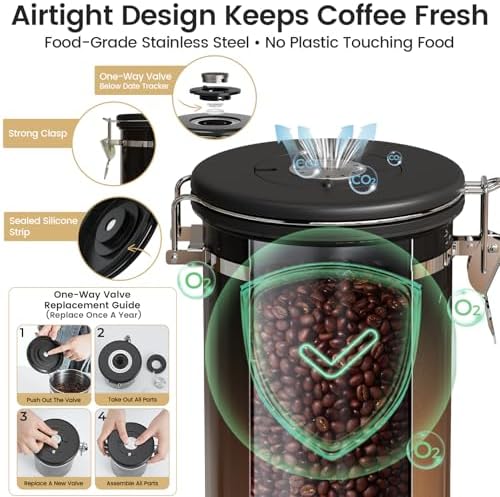 Veken Coffee Canister with Window,Airtight Stainless Steel Kitchen Food Storage Container, Date Tracker & Scoop for Grounds Coffee, Beans, Tea,Flour,Cereal,Sugar,22OZ,Copper (Pack of 2)