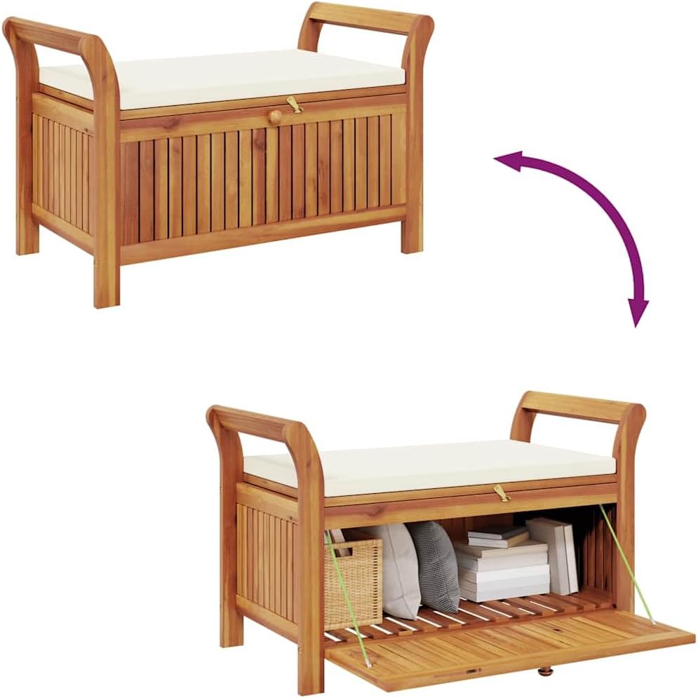 Wooden Garden Storage Bench with Cushion 35.8" Solid Acacia Wood Patio Storage Bench with Curved Arms for Outdoor Use