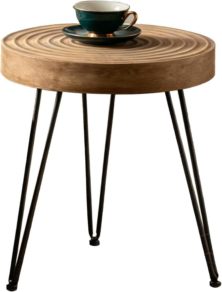 Round Wooden Side Table, 16" Diameter Tall End Table with Grooved Top & Black Metal Legs, Rustic Industrial Accent Table for Living Room, Bedroom & Small Spaces, Sold Individually