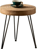 Round Wooden Side Table, 16" Diameter Tall End Table with Grooved Top & Black Metal Legs, Rustic Industrial Accent Table for Living Room, Bedroom & Small Spaces, Sold Individually