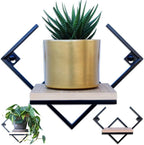 Modern Geometric Wall Mounted Floating Shelf, Black Metal Frame with Wood Board, Decorative Plant Shelf for Living Room Bedroom Bathroom, Small Display Shelf for Succulents Plants