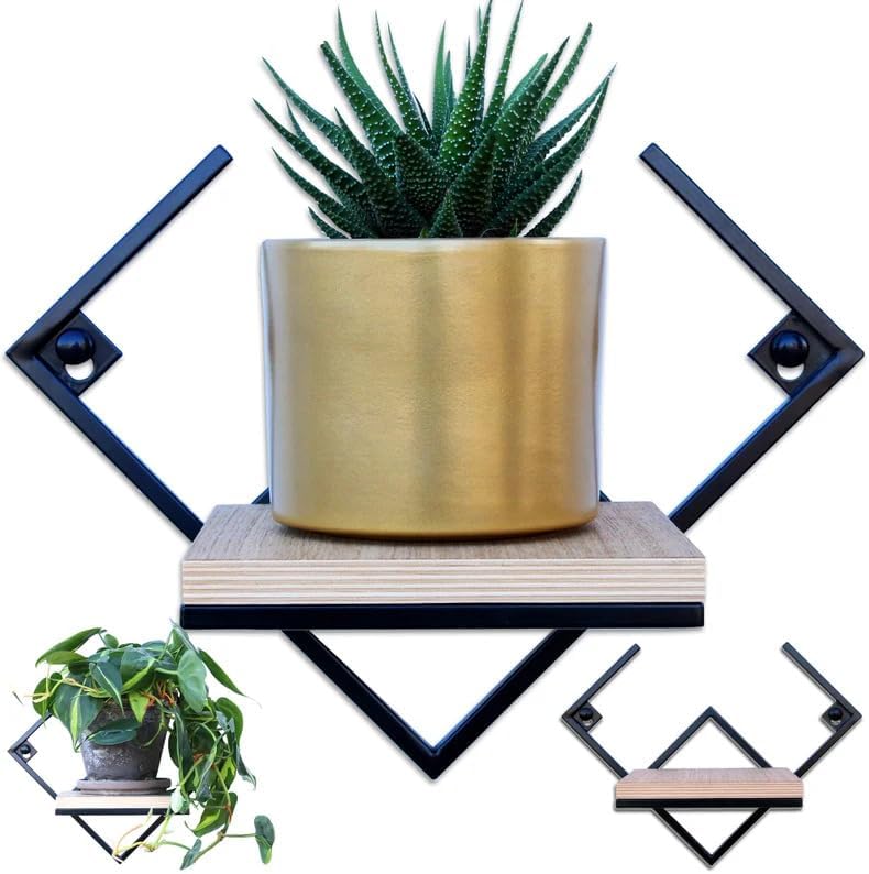 Modern Geometric Wall Mounted Floating Shelf, Black Metal Frame with Wood Board, Decorative Plant Shelf for Living Room Bedroom Bathroom, Small Display Shelf for Succulents Plants