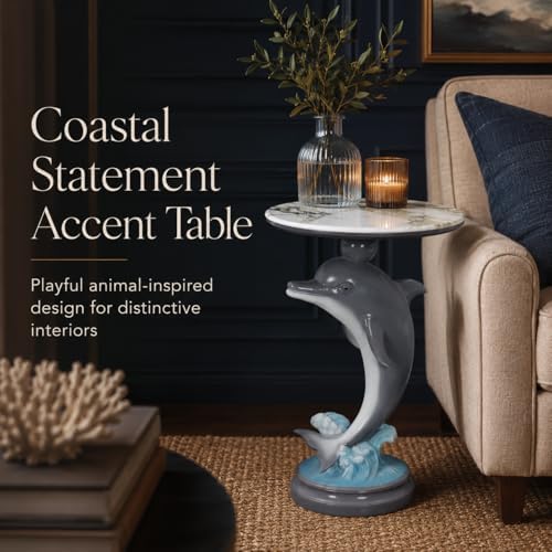Dolphin Side Table, 25.98 in Animal End Table, Round Marble-Look Top, Hand-Painted, Auto-Grade Finish, Durable and Easy Clean