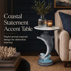 Dolphin Side Table, 25.98 in Animal End Table, Round Marble-Look Top, Hand-Painted, Auto-Grade Finish, Durable and Easy Clean
