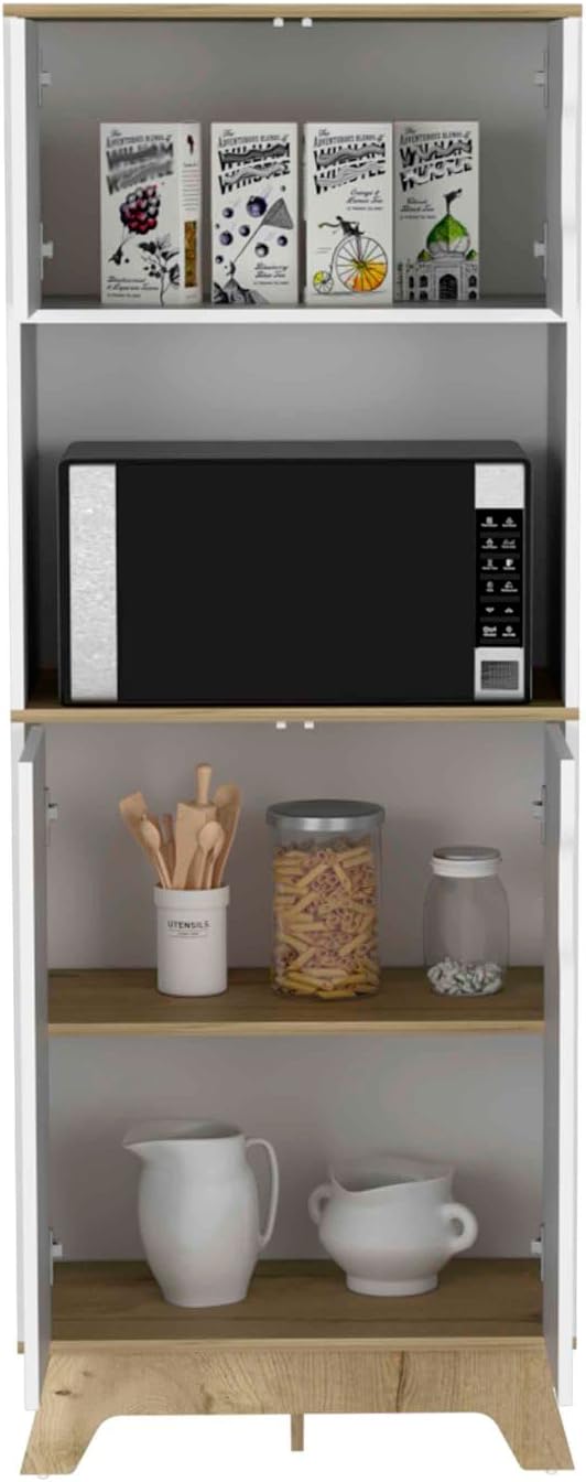 Pamplona Microwave Tall Cabinet - Light Oak & White Finish for Kitchen Storage