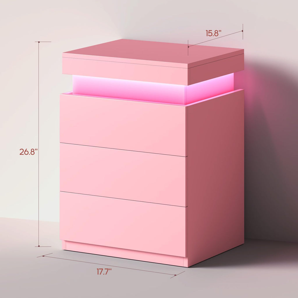 ADORNEVE Pink Nightstand with Charging Station and LED Lights | Night Stand with Sliding Top,Bedside Table with Drawers,Modern End Side Table for Bedroom