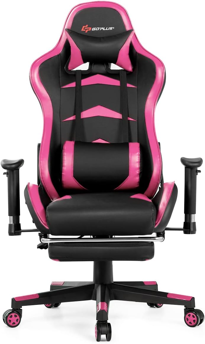 POWERSTONE Massage Gaming Chair with Footrest, Reclining Ergonomic Computer Chair with Lumbar Support, High-Back PU Leather Office Chair for Adults Teens Pink