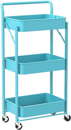 BEEY Foldable Metal Storage Cart Rolling Baskets with Wheels, No Assembly, Metal Wire Market Basket Storage Organizer Stackable Storage Bins for Kitchen,Pantry,Bedroom (Blue, 3 Tier-3665)