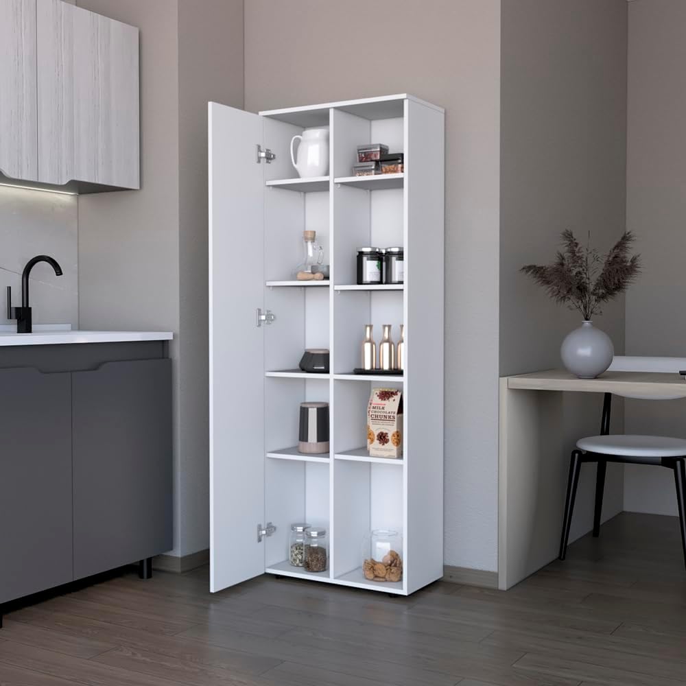 23.6" D*11.8" W*66.9" H Freestanding Storage Cabinet with 8 Shelves, Double Door, Rectangular Kitchen Pantry, Modern Minimalist, for Living Room, Dining Room, White