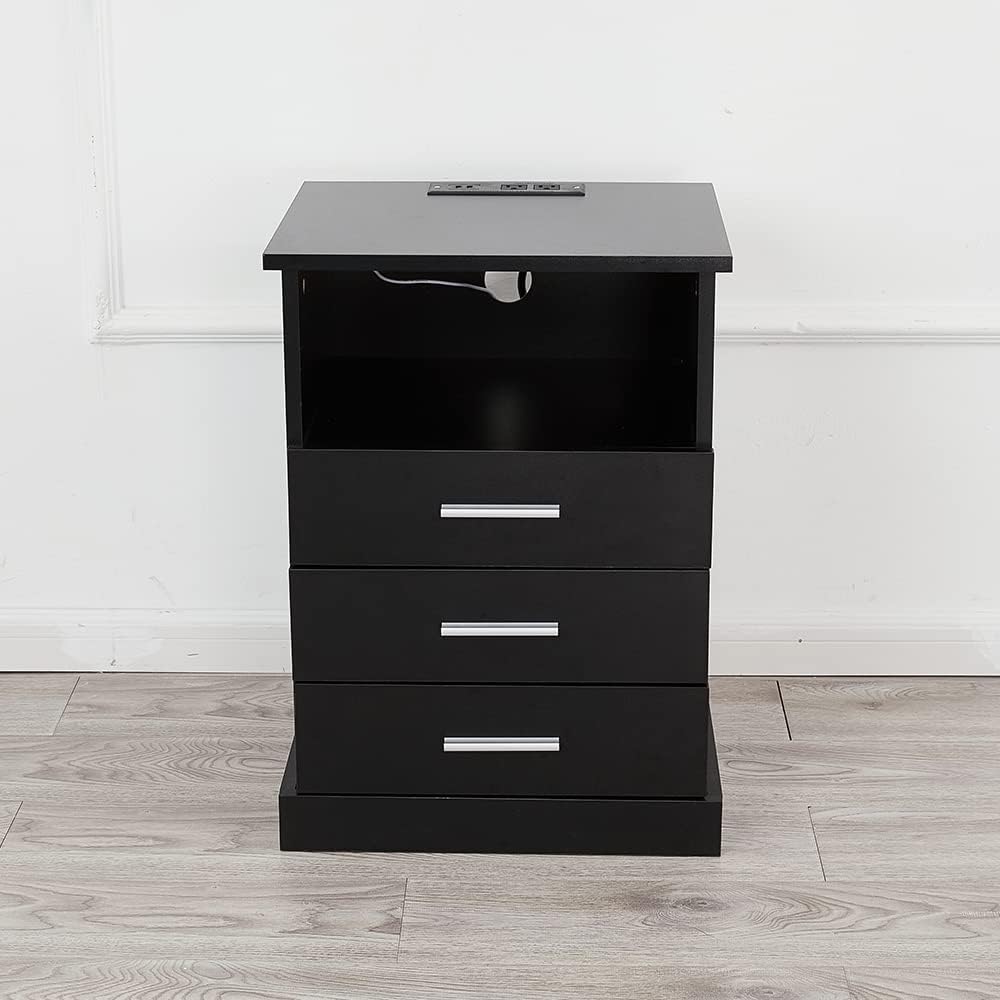 Halitaa Black LED Nightstand with Charging Station, Side Table with 3 Drawers and Light, End Table with Open Storage, Beside Cabinet for Bedroom (Black)