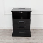 Halitaa Black LED Nightstand with Charging Station, Side Table with 3 Drawers and Light, End Table with Open Storage, Beside Cabinet for Bedroom (Black)