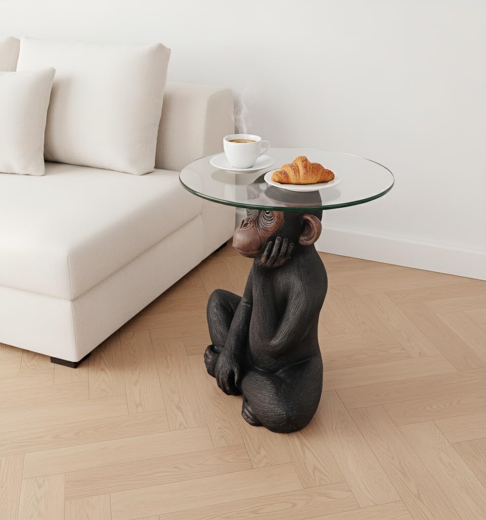 Animal Resin Side Table, Monkey Base Glass Top Side Table, Art Deco Style, Suitable for Gardens, Courtyards, Living Rooms, and Gifting (13in)