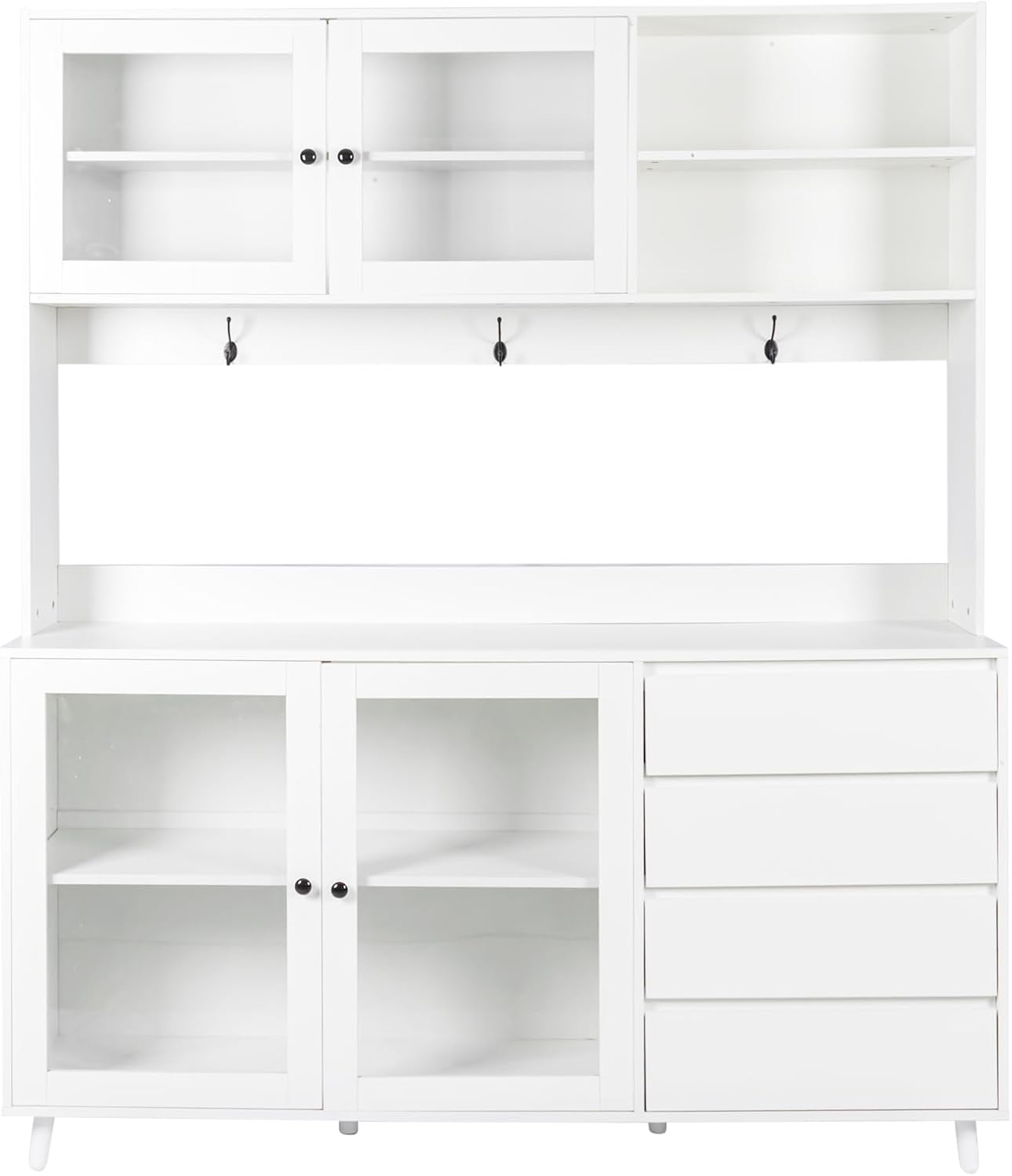 Large Freestanding Hutch Cabinet, Tall Pantry Storage with 4 Doors, 4 Drawers and Microwave Shelf, White Standing Kitchen Cupboard for Dining Room and Kitchen Organization (White)