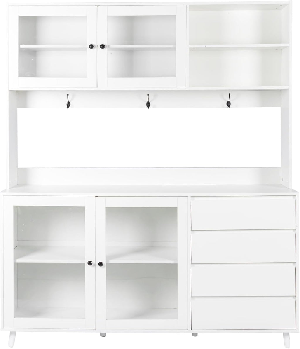 63" W Large Kitchen Hutch Cabinet, Freestanding Pantry Cupboard with 4 Doors, 4 Drawers & Microwave Shelf,for Kitchen Dining Room Bedroom (White#L)