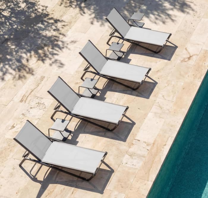 Aluminum Pool Lounge Chairs Set of 4 with 5 Adjustable Backrest, Textilene Fabric, Outdoor Lounge Chairs for Poolside, Beach, Deck, Backyard (White)