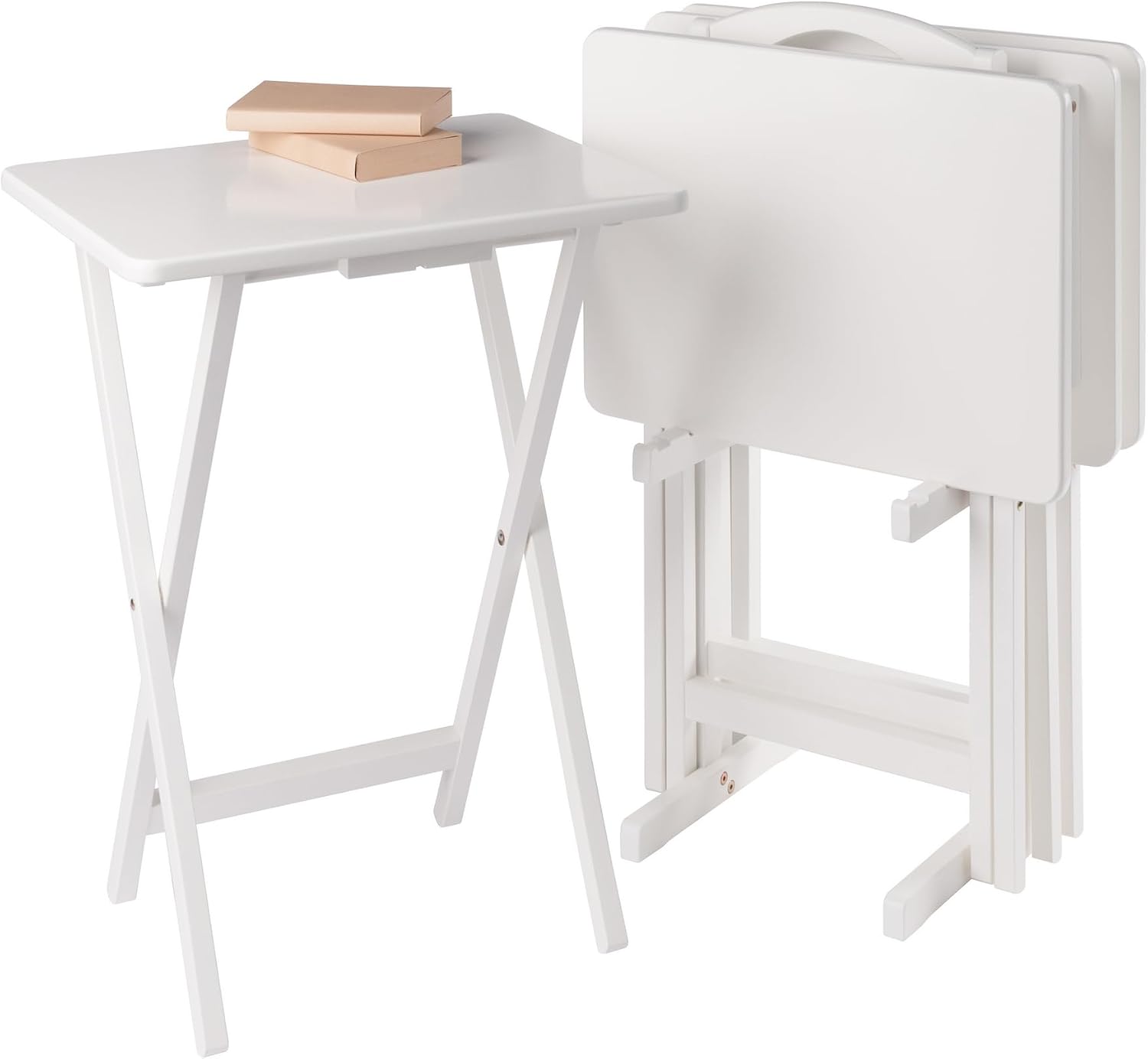 Winsome Alex Set of 4 Foldable Snack Tables with Storage Rack, Easy to Store Portable Fold Up Table Set for Kitchen, Living Room TV Dining, Crafts, Puzzles, Work from Home