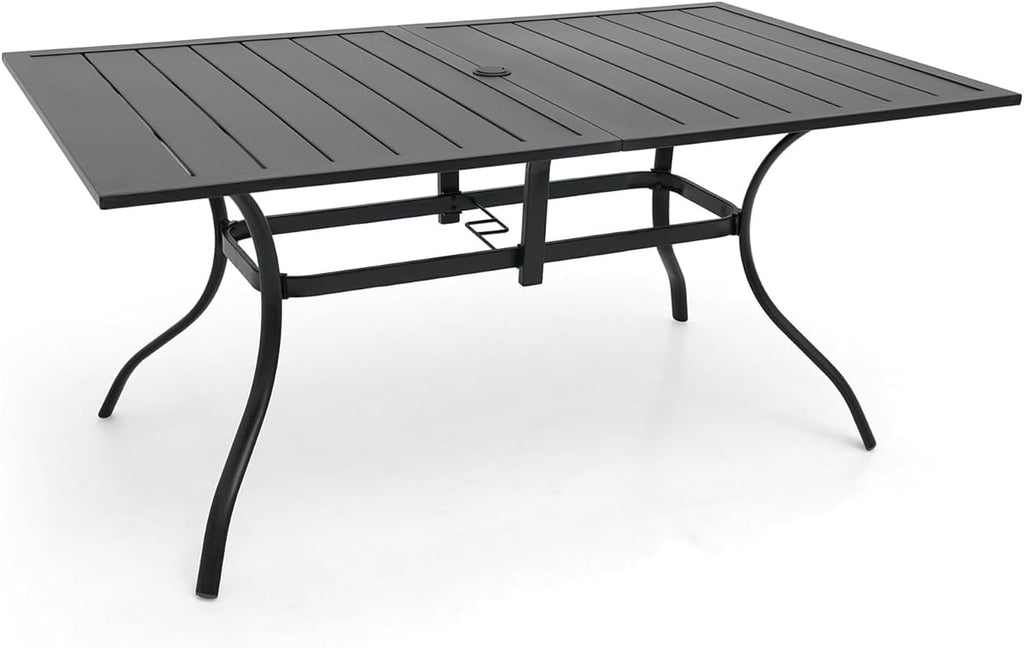 63"x38" Rectangle Outdoor Patio Dining Table with Umbrella Hole - 6 Person | 63" x 38" x 28" Rectangle Table, Slat Table Top, Black, Metal Top and Frame, 1.57"-1.9" Adjustable Umbrella Hole, All Weather