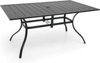 63"x38" Rectangle Outdoor Patio Dining Table with Umbrella Hole - 6 Person | 63" x 38" x 28" Rectangle Table, Slat Table Top, Black, Metal Top and Frame, 1.57"-1.9" Adjustable Umbrella Hole, All Weather