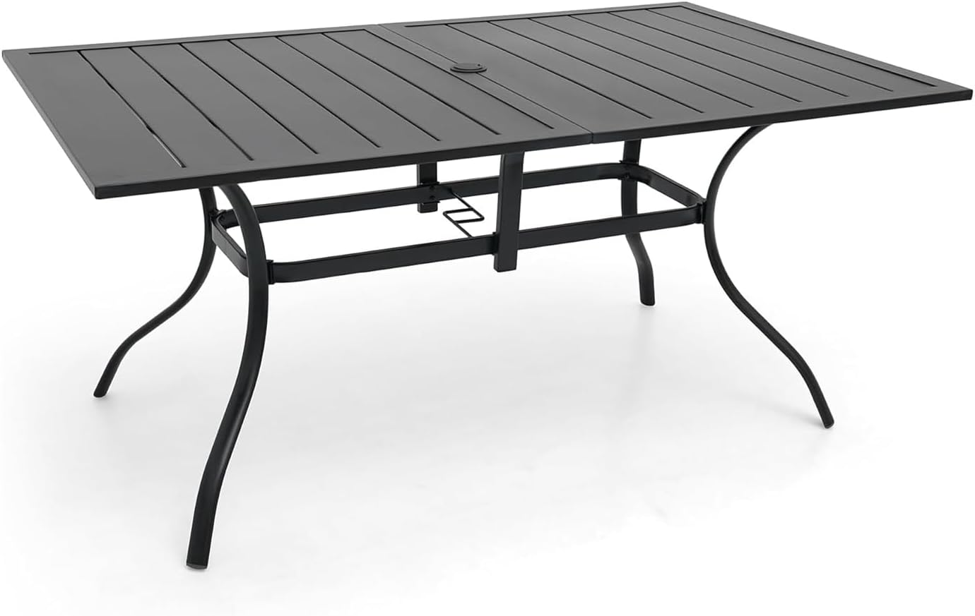 63"x38" Rectangle Outdoor Patio Dining Table with Umbrella Hole - 6 Person | 63" x 38" x 28" Rectangle Table, Slat Table Top, Black, Metal Top and Frame, 1.57"-1.9" Adjustable Umbrella Hole, All Weather