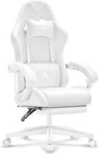 White Gaming Chair,Ergonomic Massage Computer Office Desk Chair with Footrest,Pocket Spring Cushion,Reclining Leather Adjustable Gamer Chair with Headrest and Lumbar Support,White