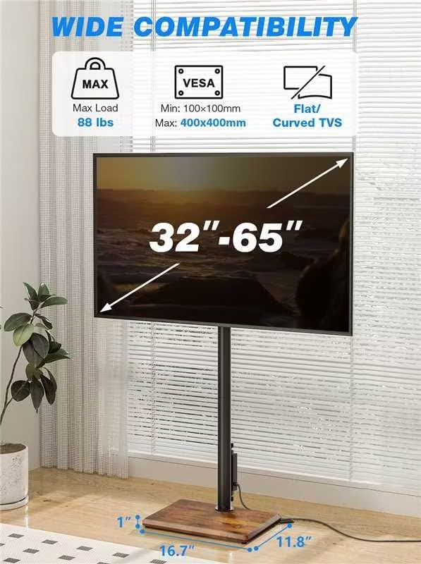 Rfiver Swivel Floor TV Stand with Power Outlet for 32-60 inch TVs, Height Adjustable Tall TV Stand with Wood Base, Hold Up to 88lbs, Saving Space Design for Bedroom, Living Room and Corner (Brown)